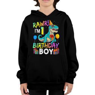 Raw Im 1 Birthday Boy Funny Dinosaur Air Balloon Youth Hoodie - Thegiftio UK