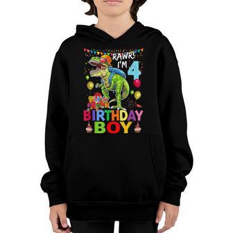 Rawr Im 4 Birthday Boy Dinosaur T-Rex Themed 4Th Birthday Youth Hoodie - Thegiftio UK