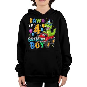 Rawr Im 4Th Birthday Boy 4 Year Old Dinosaur Monster Truck Youth Hoodie - Thegiftio UK
