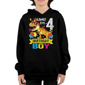 Rawr Im 4Th Birthday Boy Dinosaur T-Rex 4 Years Old Party Youth Hoodie - Thegiftio UK