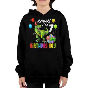 Rawr Im 7 7Th Birthday Boy T Rex Dinosaur Party Gift Youth Hoodie - Thegiftio UK