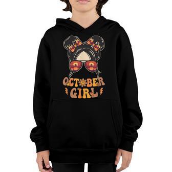 Retro Groovy October Girl Messy Bun Halloween Thanksgiving V10 Youth Hoodie - Thegiftio UK