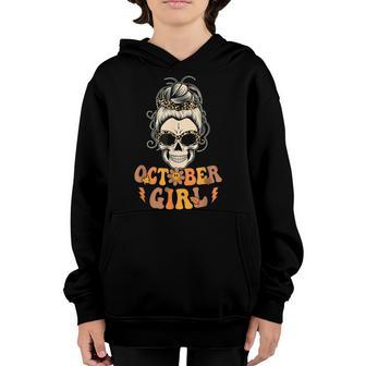 Retro Groovy October Girl Messy Bun Halloween Thanksgiving V11 Youth Hoodie - Thegiftio UK