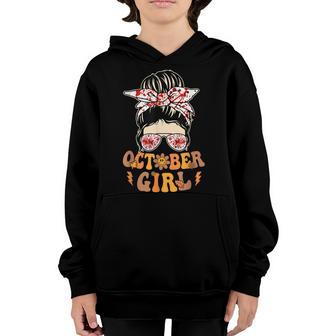 Retro Groovy October Girl Messy Bun Halloween Thanksgiving V12 Youth Hoodie - Thegiftio UK