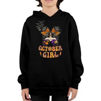 Retro Groovy October Girl Messy Bun Halloween Thanksgiving V13 Youth Hoodie - Thegiftio UK