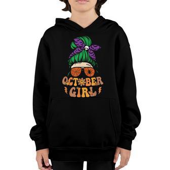 Retro Groovy October Girl Messy Bun Halloween Thanksgiving V14 Youth Hoodie - Thegiftio UK