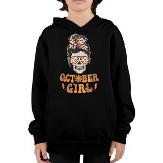 Retro Groovy October Girl Messy Bun Halloween Thanksgiving V15 Youth Hoodie - Thegiftio UK