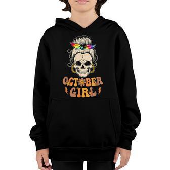 Retro Groovy October Girl Messy Bun Halloween Thanksgiving V16 Youth Hoodie - Thegiftio UK