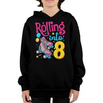 Rolling Into 8 Years Old 8Th Birthday Cute Skating Girl Youth Hoodie - Thegiftio UK