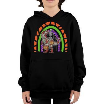 Skeleton Riding Mummy Dinosaur T Rex Halloween Rainbow Kids V2 Youth Hoodie - Thegiftio UK