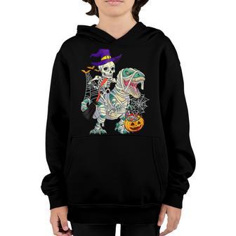 Skeleton Riding T Rex Dinosaur Pumpkin Funny Halloween Kids Youth Hoodie - Thegiftio UK