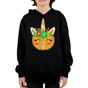 Unicorn Pumpkin Floral Halloween Thanksgiving Girl N Kids Youth Hoodie - Thegiftio UK