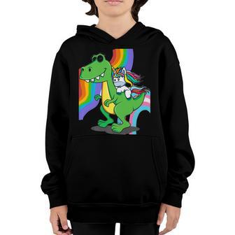 Unicorn Riding T Rex Dinosaur Boys Girls Men Women Rainbow V2 Youth Hoodie - Thegiftio UK