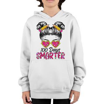 100 Days Smarter Girls Messy Bun Hair 100Th Day Of School Youth Hoodie - Thegiftio UK