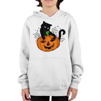 Black Cat On Pumpkin Halloween Cute Cat Costume Kids Girls Youth Hoodie - Thegiftio UK