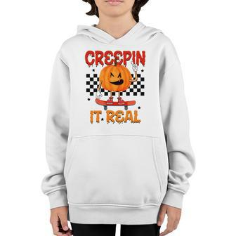 Funny Pumpkin Skateboarding Creepin It Real Halloween Youth Hoodie - Seseable