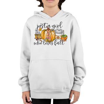 Funny Women Just A Girl Who Loves Fall Pumpkin Spice Leaves Youth Hoodie - Thegiftio UK