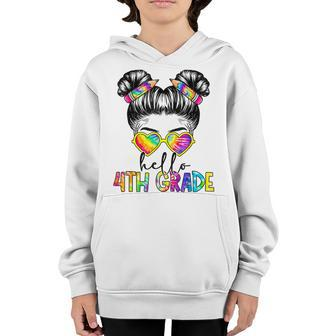 Hello 4Th Fourth Grade Messy Bun Back To School Tie Dye Girl Youth Hoodie - Seseable