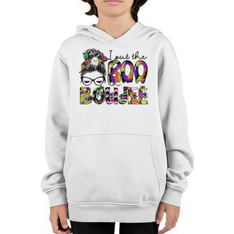 I Put The Boo In Boujee Mama Halloween Costume Messy Bun Youth Hoodie - Seseable