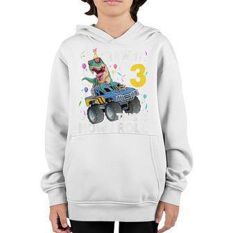 Kids 3 Year Old Dinosaur T Rex Monster Truck 3Rd Birthday Boys Youth Hoodie - Thegiftio UK