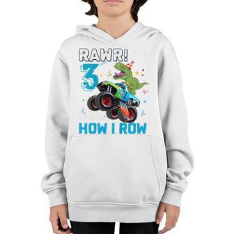 Kids 3 Year Old Rawr Im 3Rd Birthday Monster Truck Dinosaur Youth Hoodie - Thegiftio UK