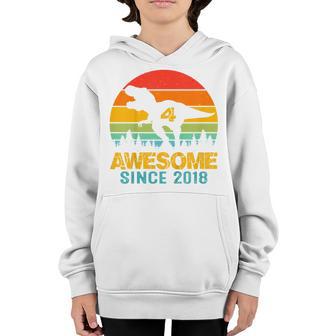 Kids 4 Year Old Boy Dinosaur Awesome Since 2018 4Th Birthday Gift V2 Youth Hoodie - Thegiftio UK