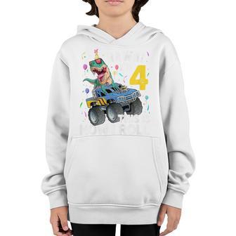 Kids 4 Year Old Dinosaur T Rex Monster Truck 4Th Birthday Boys Youth Hoodie - Thegiftio UK
