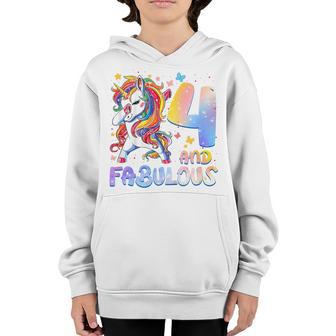 Kids 4 Year Old Gifts 4 And Fabulous 4Th Birthday Unicorn Girl Youth Hoodie - Thegiftio UK
