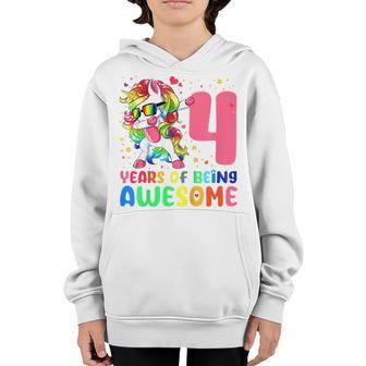 Kids 4 Years Of Being Awesome 4Th Birthday Girl Dabbing Unicorn Youth Hoodie - Thegiftio UK