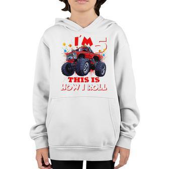 Kids 5 Year Old 5Th Birthday Boy Kids Toddler Monster Truck Youth Hoodie - Thegiftio UK