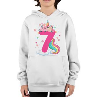 Kids 7 Year Old Gifts 7Th Birthday Girls Kids Unicorn Face Flower Youth Hoodie - Thegiftio UK