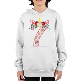 Kids 7 Year Old Gifts 7Th Birthday Girls Unicorn Face Flower Youth Hoodie - Thegiftio UK