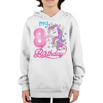 Kids 8 Years Old Unicorn Face 8Th Birthday Girl Unicorn Party Youth Hoodie - Thegiftio UK