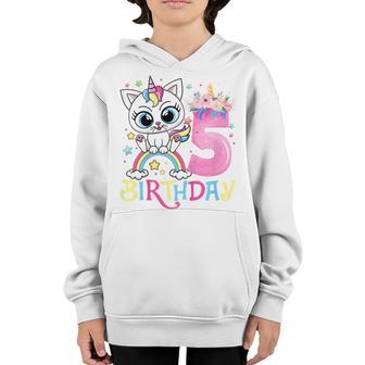Kids Cute Cat Unicorn Face Floral 5 Year Old 5Th Birthday Girls Youth Hoodie - Thegiftio UK