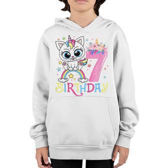 Kids Cute Cat Unicorn Face Floral 7 Year Old 7Th Birthday Girls Youth Hoodie - Thegiftio UK