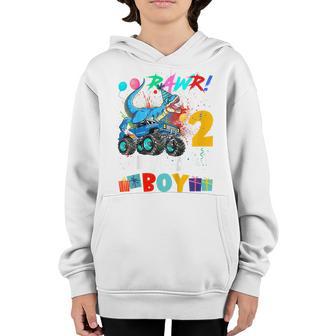 Kids Dinosaur T Rex Monster Truck 2 Year Old 2Nd Birthday Boys Youth Hoodie - Thegiftio UK