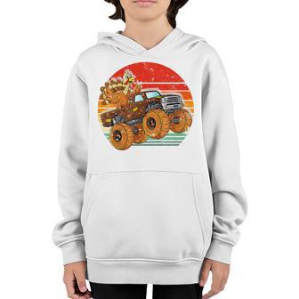 Kids Monster Truck Turkey Sunset Retro Thanksgiving Boys Toddler Youth Hoodie - Thegiftio UK