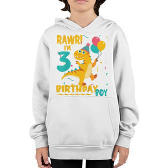 Kids Rawr Three Rex Im 3 3Rd Birthday Boy Dinosaur Party Gift Youth Hoodie - Thegiftio UK