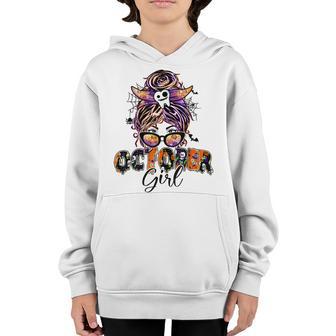 Retro Groovy October Girl Messy Bun Halloween Thanksgiving V2 Youth Hoodie - Thegiftio UK