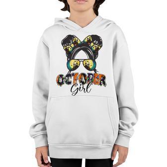 Retro Groovy October Girl Messy Bun Halloween Thanksgiving V3 Youth Hoodie - Thegiftio UK