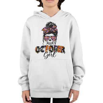 Retro Groovy October Girl Messy Bun Halloween Thanksgiving V4 Youth Hoodie - Thegiftio UK