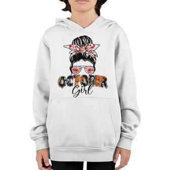 Retro Groovy October Girl Messy Bun Halloween Thanksgiving V5 Youth Hoodie - Thegiftio UK