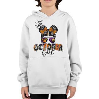 Retro Groovy October Girl Messy Bun Halloween Thanksgiving V6 Youth Hoodie - Thegiftio UK