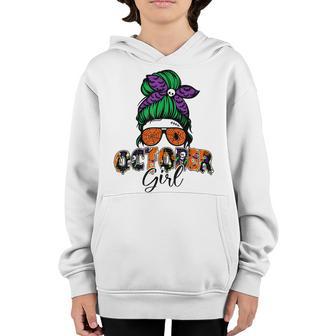 Retro Groovy October Girl Messy Bun Halloween Thanksgiving V7 Youth Hoodie - Thegiftio UK