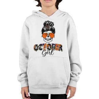 Retro Groovy October Girl Messy Bun Halloween Thanksgiving V8 Youth Hoodie - Thegiftio UK