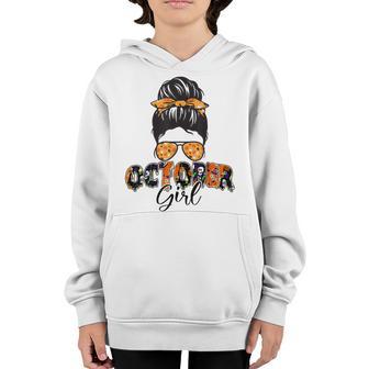 Retro Groovy October Girl Messy Bun Halloween Thanksgiving V9 Youth Hoodie - Thegiftio UK