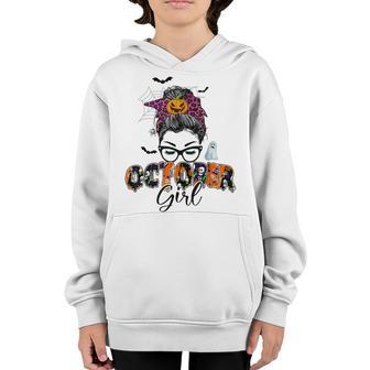Retro Groovy October Girl Messy Bun Halloween Thanksgiving Youth Hoodie - Thegiftio UK