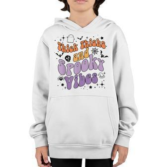 Retro Groovy Thick Thighs And Spooky Vibes Funny Halloween Youth Hoodie - Seseable