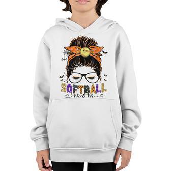 Softball Mom Funny Halloween Messy Bun Girls Softball Lovers Youth Hoodie - Thegiftio UK