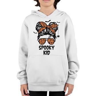 Spooky Kid Halloween For Girls Youth Messy Bun Leopard Youth Hoodie - Thegiftio UK